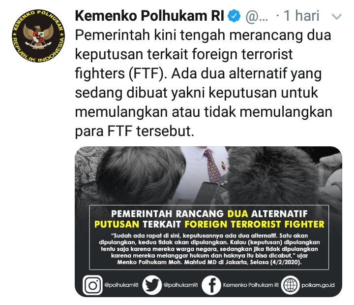 Pemerintah, Kemenko Polhukam, Pemulangan WNI