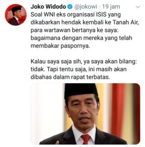 Pemerintah, Presiden Jokowi, Pemulangan WNI eks ISIS