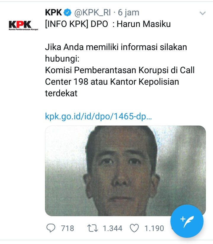Twitter KPK, DPO Harun Masiku Akun Twitter KPK mengumumkan DPO Harun Masiku