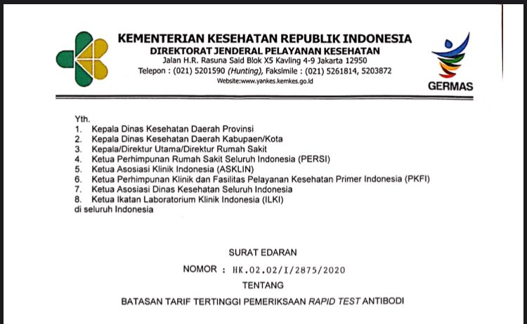 Sureat Edaran Kemenkes Surat Edaran, Kemenkes, rapid test