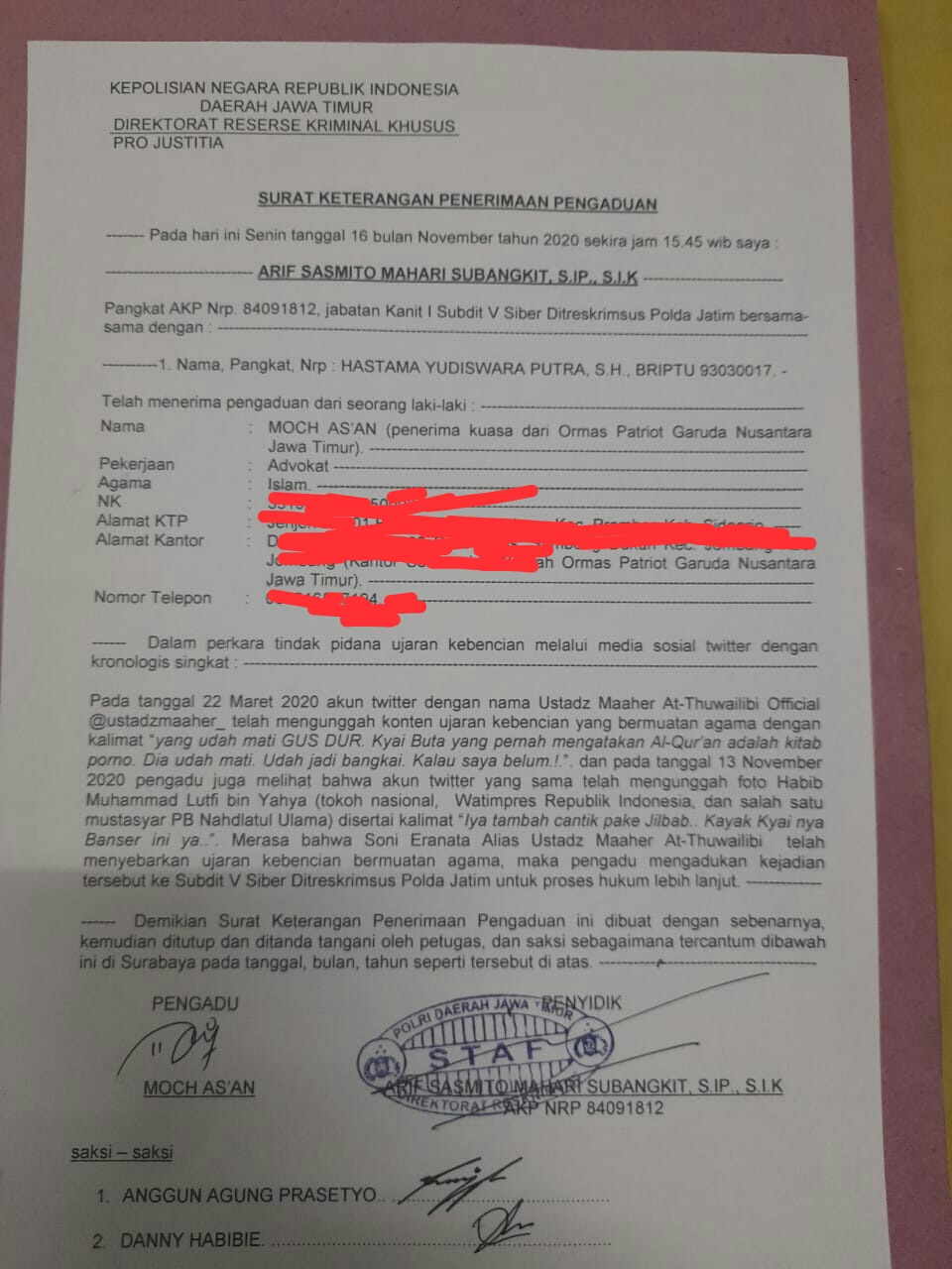 PGN, Ustadz Maaher, Polda Jatim