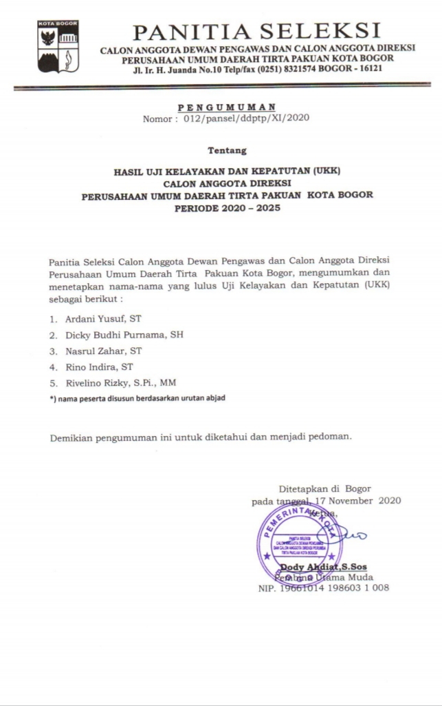 Pansel, Direksi, Tirta Pakuan, UKK