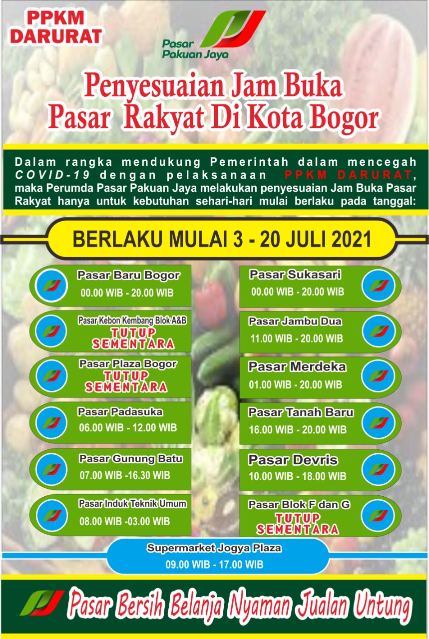 PPKM Darurat, Perumda PPJ, Jam Operasional, Pasar Rakyat, Pasar Tradisional, Pasar Kota Bogor