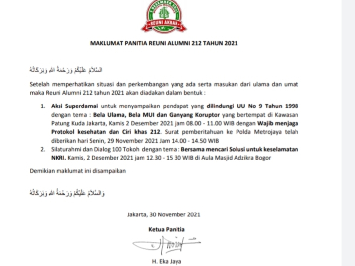 Maklumat Reuni 212, Gelar Aksi Bela Ulama di Patung Kuda Maklumat, Maklumat Reuni 212, Reuni 212, Aksi Bela Ulama, Patung Kuda